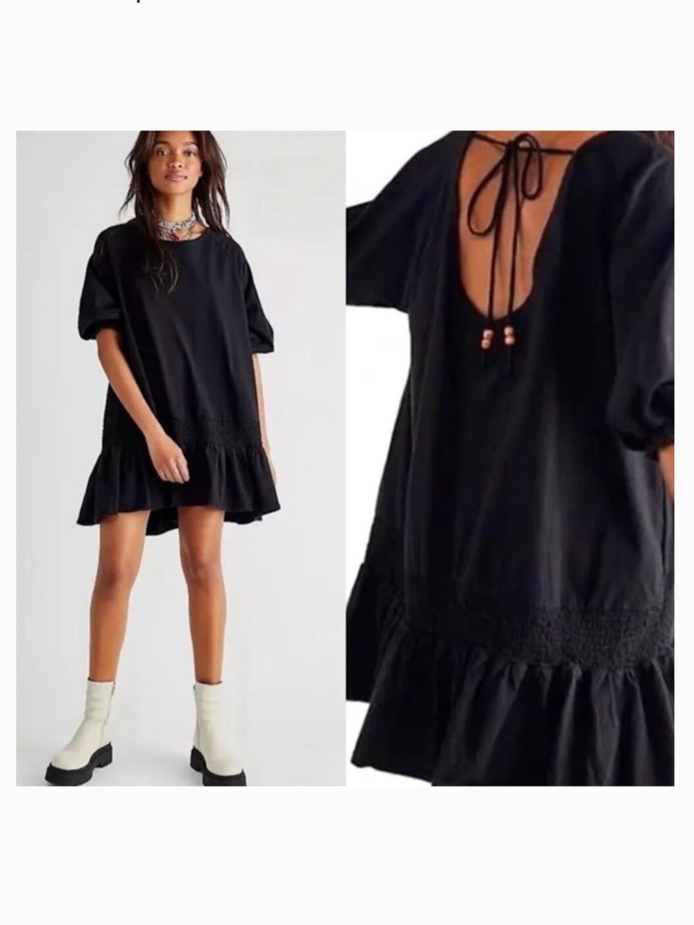 New FREE PEOPLE Beach Black Jenny XS Cotton Oversized Ruffle Shift Mini Dress
